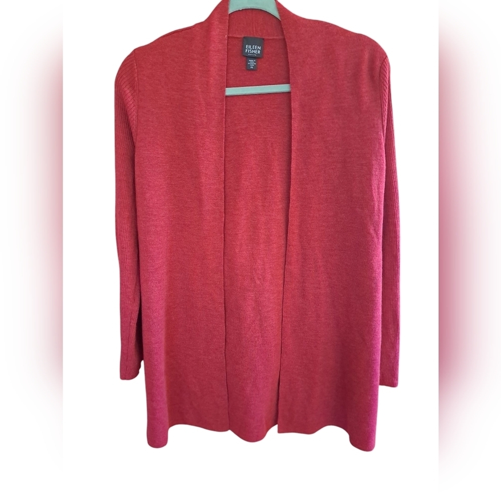 Eileen fisher small petite open dark red 100% wool cardigan sweater long